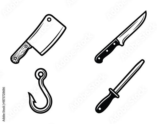 Butcher knife, fillet knife, sharpening steel, and fish hook illustrations