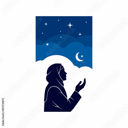 Devout Muslim Woman Praying Under Starry Ramadan Night Sky for Holy Festival Banners
