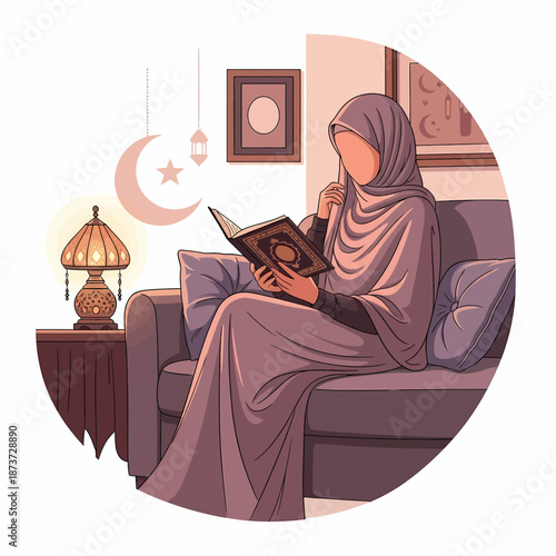 Pious Muslim Woman Reading Holy Quran in a Cozy Room During Ramadan Kareem.