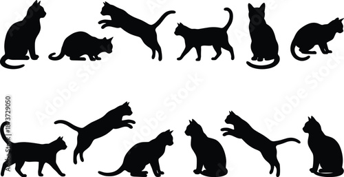 Black cat silhouette set illustration, playful feline action poses collection, animal shadow shapes isolated on white background vector