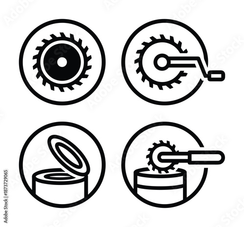 Can Opener Icons: Manual Wheel Cutter, Gear, Opening Can, and Cutting Metal, isolated on white