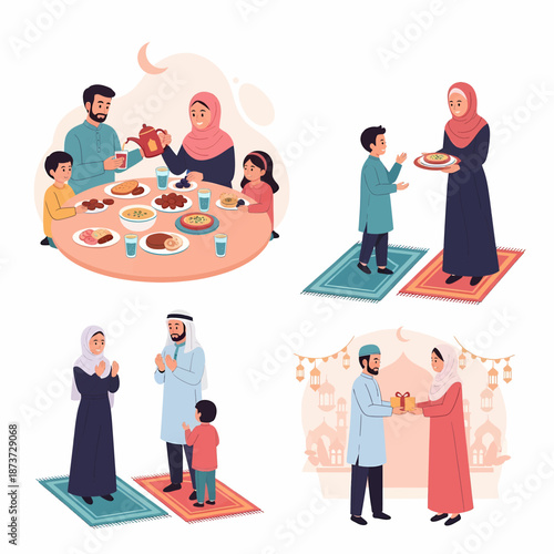 Muslim People Celebrating Ramadan Traditions: Iftar Meal, Islamic Prayer, and Eid Gift Giving.