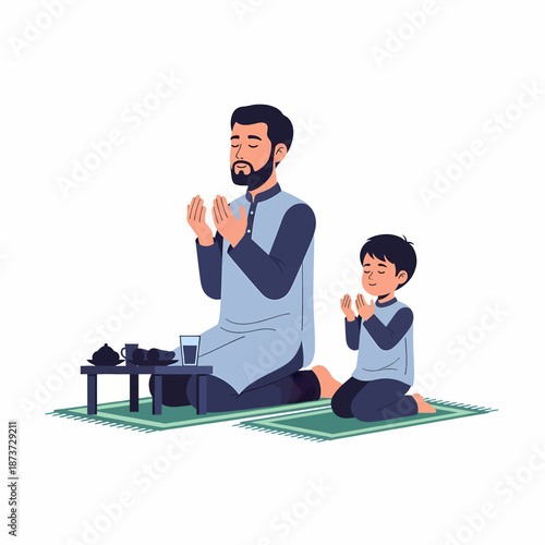 Muslim Father and Son Praying Dua on Mats during Ramadan Celebration Vector Illustration.
