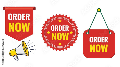 Promotional graphics featuring order now banners a megaphone and red design elements
