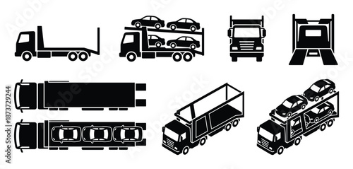 Car carrier truck vector illustrations in side, front, top and isometric views in silhouette, vehicle transportation
