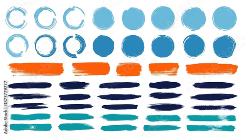 Abstract brush strokes and oval shapes in shades of blue teal and orange