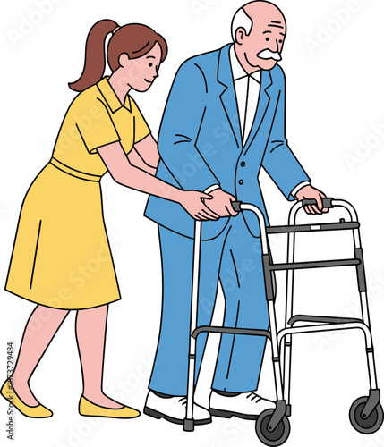 Caregiver assisting elderly man using walker illustration showing senior support healthcare compassion isolated on white background concept