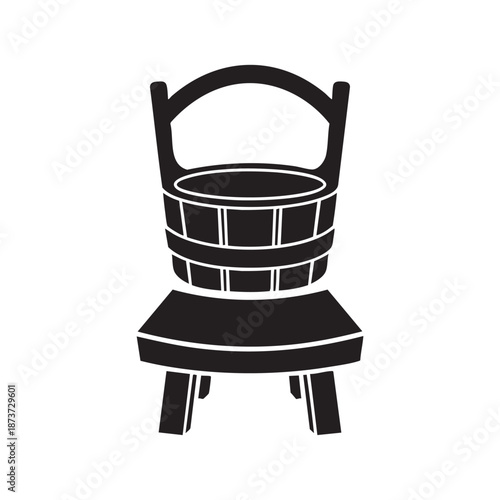 Wooden Bath Bucket on a Small Stool Silhouette, Japanese Onsen Style