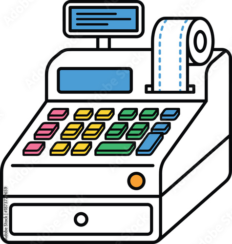 Cash register machine illustration, retail payment equipment, point of sale system, checkout counter technology, business finance vector