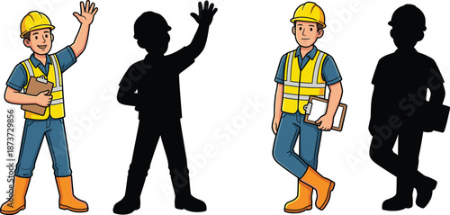 Construction worker character set with safety helmet clipboard and silhouette variations isolated on white background for industry design