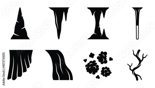 Cave formations vector illustration set, stalactites, stalagmites, waterfall, lichen, root