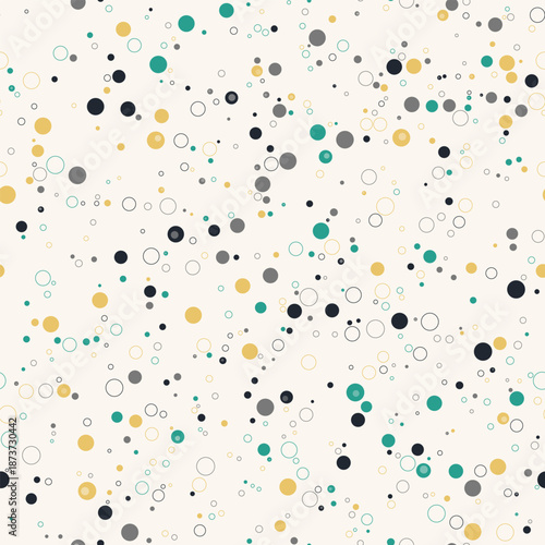Contemporary seamless pattern with mixed color dots and circles on cream background