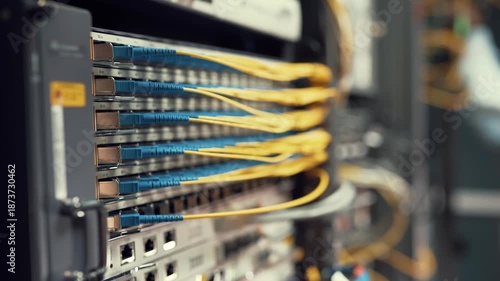 Close-up of a network server with yellow ethernet cables connected to a patch panel in a data center with a shallow depth of field.