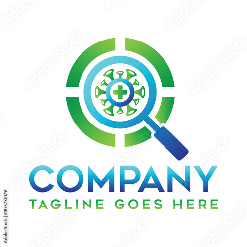 Medical virus detection and research logo icon template magnifying glass examining pathogen bacteria organism for clinical diagnostic laboratories and healthcare corporate branding concept graphic vec