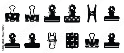 Collection of binder clips and hinge clip illustrations in black color