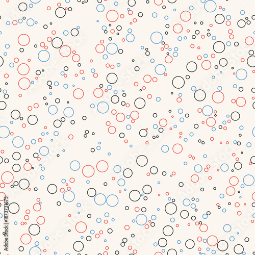 Whimsical seamless pattern with thin red, blue, and black circle outlines on beige background