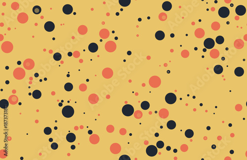 Bold seamless pattern with black and orange-red dots on a dark yellow background