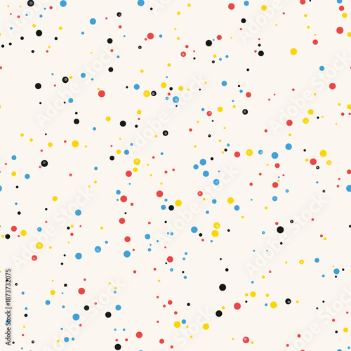 Playful seamless pattern with multicolored dots scattered across a white background