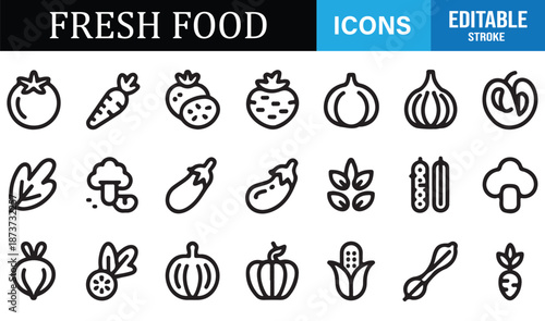 Fresh food icon set in editable outline vector style
