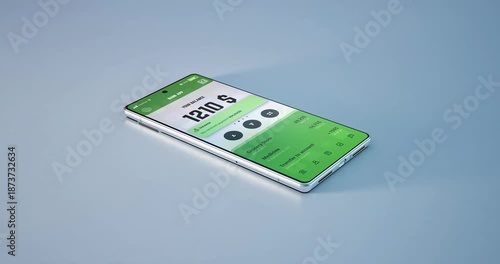 Close-up shot of a green smartphone on a light blue surface with a white screen and black buttons.