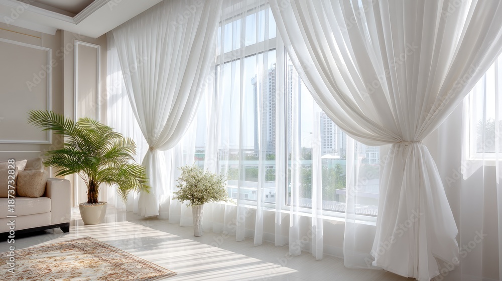 Fototapeta premium Bright and Airy Living Room with Sheer Curtains, Potted Plants, and Natural Light