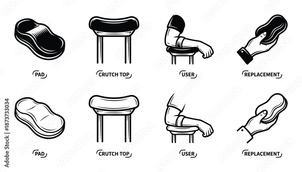 Photography Crutch pad replacement illustration showing crutch top and user arm in black and