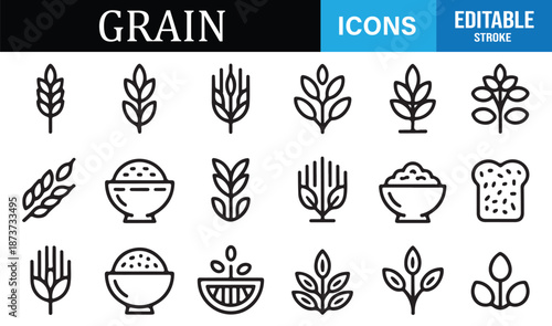 Wheat and grain outline icons for agriculture and food design