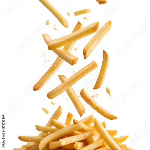 French fries falling from air onto pile of chips isolated on white background transparent background