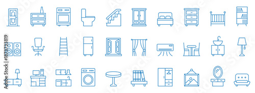 Furniture line icon set. Furniture and home decor blue line icon set. Stylish home interior icon set. Featuring furniture, living room, bedroom, bathroom and more. 