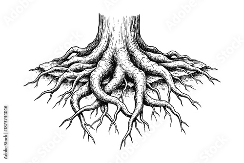 Detailed illustration of a tree trunk and roots, roots system drawing design, black and white artwork