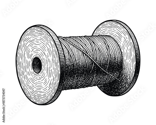 Detailed spool thread vector drawing, vintage engraving style illustration