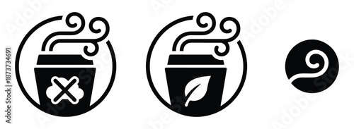 Disposable cup icons with steam, X mark and leaf in a circle design