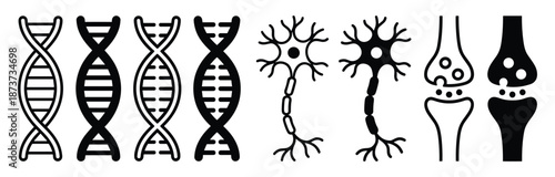 DNA strands, neuron cells, and synapse icons in black and white for science and biology designs