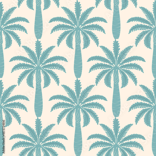 tropical palm tree seamless pattern in soft green tones. Ideal for summer fabric, beachwear, wallpaper, wrapping paper, and tropical themed designs.