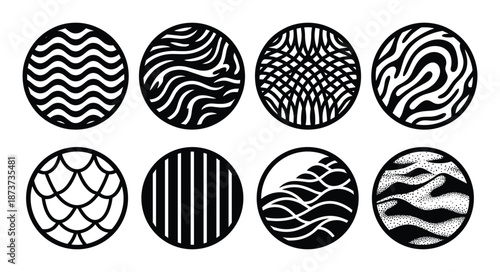 Eight abstract black and white circular patterns art designs collection set