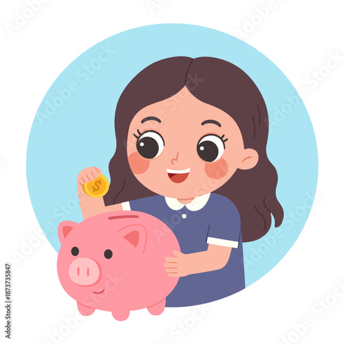 Smiling girl putting a coin into a piggy bank on a table, learning to save money and build good financial habits at home.