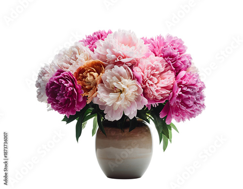 Wallpaper Mural Vibrant bouquet of fresh peonies with pink, white, fuchsia, orange petals, arranged in a rustic ceramic vase,, isolated on transparent background Torontodigital.ca