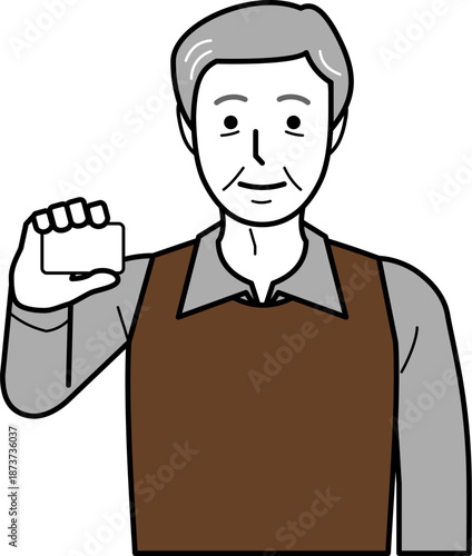 正面向き。カードを持つシャツとベストを着た高齢男性。