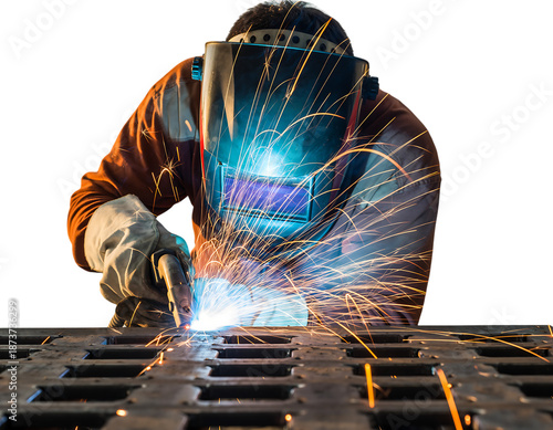 Welder in orange uniform, dark helmet, white gloves, welding metal grate, generating bright blue light and golden, isolated on transparent background