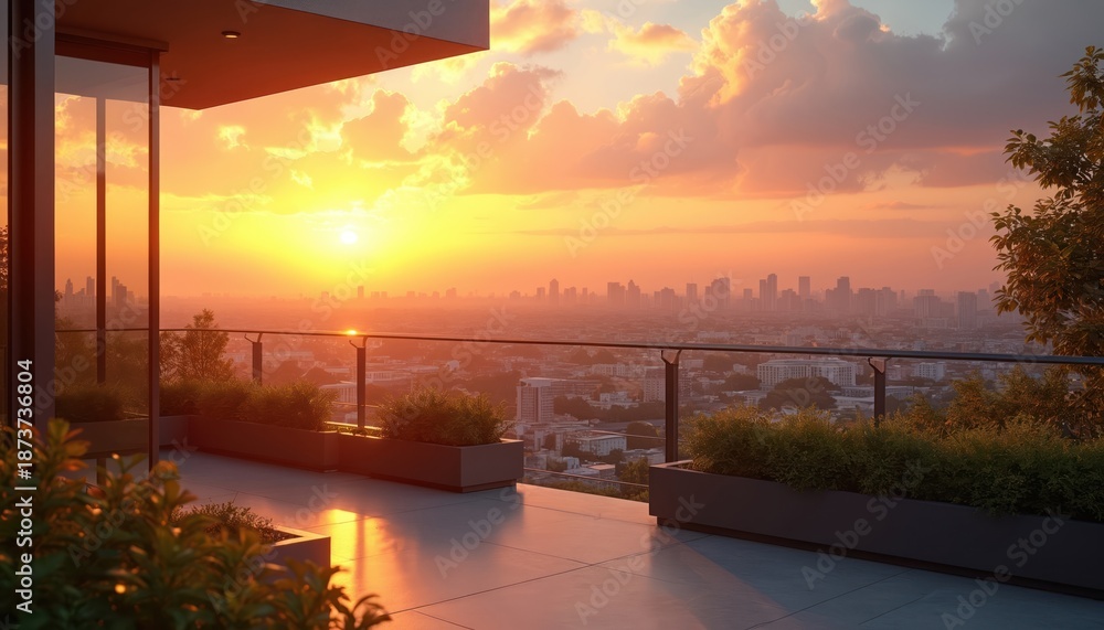 Fototapeta premium Modern apartment balcony with cityscape view at golden hour sunset. Lush plants on terrace overlooking city skyline. Peaceful evening sky with clouds.