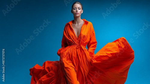 Full-Length Portrait of Model in Voluminous Silhouette Outfit Against Seamless Contrasting Background, Minimalist Bold Fashion.