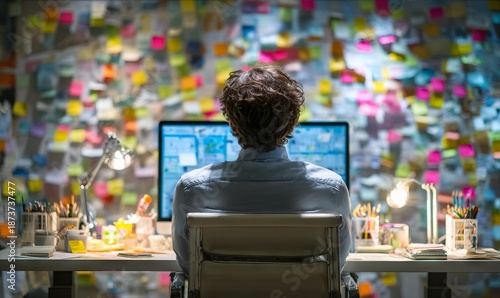 Overworked Employee Managing Stress at Desk Surrounded by Colorful Sticky Notes