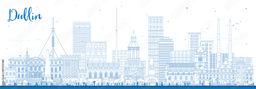 Naklejka premium Outline Dublin Ireland city skyline with blue buildings. Illustration. Dublin cityscape with landmarks. Business travel and tourism concept with modern and historic architecture.