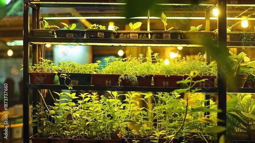 Indoor plant nursery with green plants under grow lights