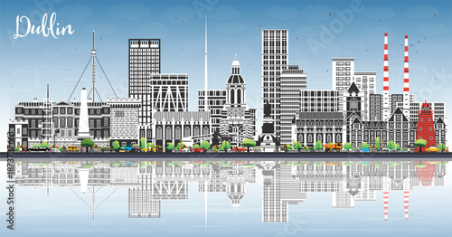 Dublin Ireland city skyline with color buildings, blue sky and reflections. Illustration. Dublin cityscape with landmarks. Business travel, tourism concept with modern, historic architecture.