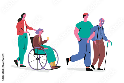 Caregiver assisting elderly woman in wheelchair for social service vector