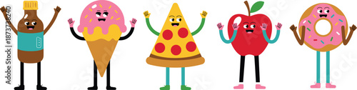 Cute food characters illustration set featuring donut, pizza, apple, ice cream, and drink mascots, colorful cartoon style perfect for kids designs, branding, packaging, and fun food graphics