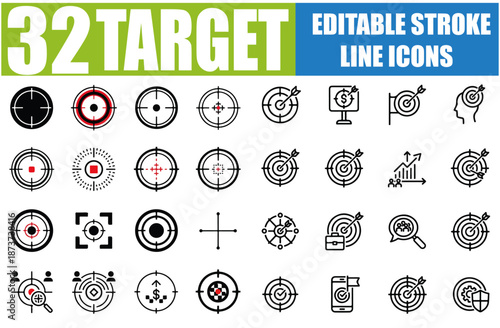 Target Icon Set - Goal, Destination, Focus, Crosshairs, Bullseye, Aim, Achievement, Objective, Business Strategy, Marketing, Accuracy and More - Editable Stroke Vector Illustration for Adobe Stock and