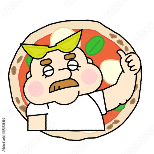 ピザの中から飛び出す元気なピザ屋店主の、ポップでかわいいキャラクターイラスト