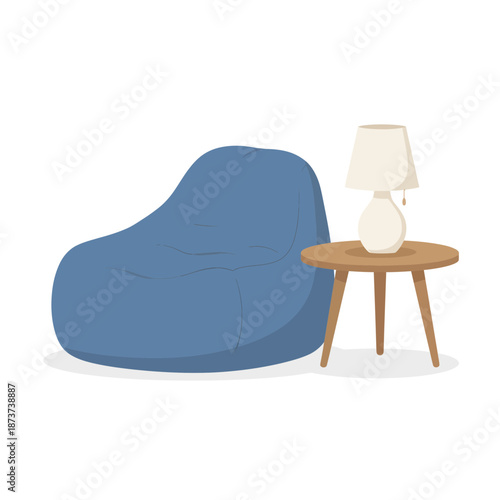 Cozy Bean Bag Chair with Side Table and Lamp Vector Illustration